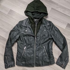 Women's Olive Green Leather Motto Jacket with Knit